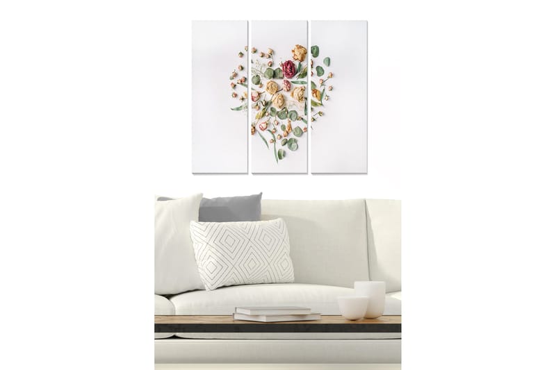 Canvastavla i trä 3-delar 50x70 cm - Hjärtformad komposition av torkade blommor och gröna blad - Rosa / Grön / Beige - Inredning - Tavlor & posters - Canvastavla