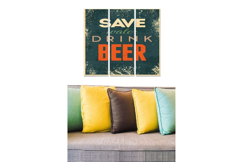 Canvastavla i trä 3-delar 50x70 cm - Humoristisk tavla med texten SAVE water DRINK BEER, Mörkgrön / Orange / Beige