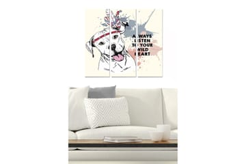 Canvastavla i trä 3-delar 50x70 cm - Hund med fjäderhuvudbonad och färgglada sprutningar - Grå / Rosa / Röd - Inredning - Tavlor & posters - Canvastavla