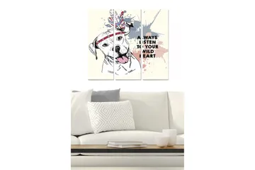 Canvastavla i trä 3-delar 50x70 cm - Hund med fjäderhuvudbonad och färgglada sprutningar - Grå / Rosa / Röd - Inredning - Tavlor & posters - Canvastavla