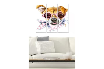 Canvastavla i trä 3-delar 50x70 cm - Hund med solglasögon och scarf i lekfull stil - Brun / Rosa / Vit - Inredning - Tavlor & posters - Canvastavla