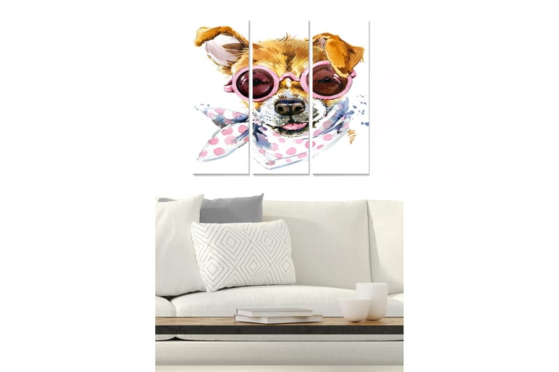 Canvastavla i trä 3-delar 50x70 cm - Hund med solglasögon och scarf i lekfull stil, Brun / Rosa / Vit