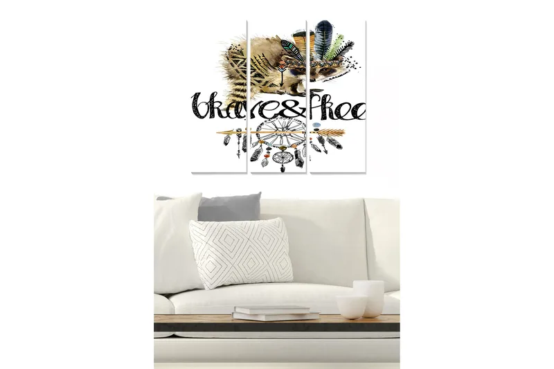 Canvastavla i trä 3-delar 50x70 cm - Igelkott med fjädrar och drömfångare - Svart / Brun / Grön - Inredning - Tavlor & posters - Canvastavla