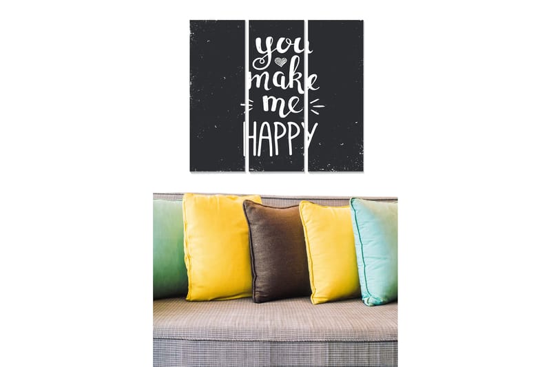 Canvastavla i trä 3-delar 50x70 cm - Inspirerande text med budskapet you make me happy, Svart / Vit
