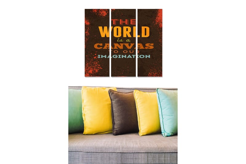 Canvastavla i trä 3-delar 50x70 cm - Inspirerande typografi med budskap om kreativitet och fantasi, Mörkbrun / Orange / Ljusblå