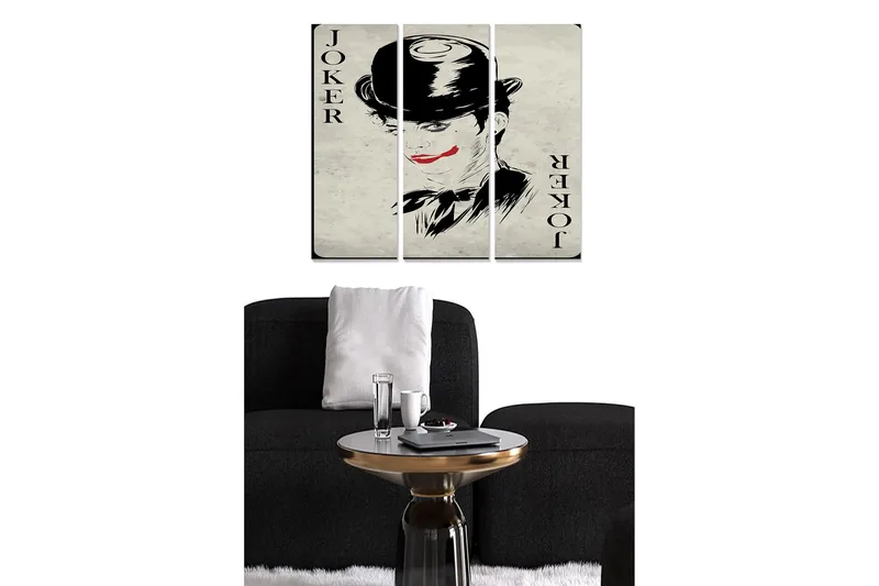 Canvastavla i trä 3-delar 50x70 cm - Jokerporträtt med dramatisk sminkning och hatt, Svart / Röd / Beige