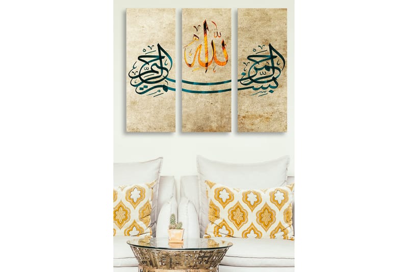 Canvastavla i trä 3-delar 50x70 cm - Kalligrafisk komposition med ordet Allah i centrum, Mörkblå / Orange / Beige