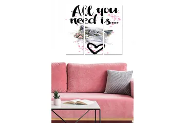 Canvastavla i trä 3-delar 50x70 cm - Kattporträtt med en kärleksfull text och hjärta - Grå / Rosa / Svart - Inredning - Tavlor & posters - Canvastavla