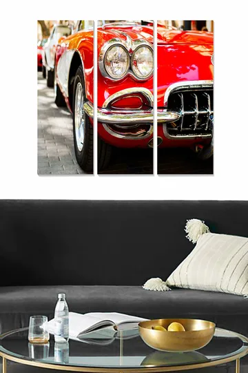 Canvastavla i trä 3-delar 50x70 cm - Klassisk röd sportbil med glänsande kromdetaljer - Röd / Krom / Svart - Inredning - Tavlor & posters - Canvastavla