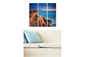 Canvastavla i trä 3-delar 50x70 cm - Klippig kustlinje vid havet i skymning - Blå / Orange / Grå - Inredning - Tavlor & posters - Canvastavla