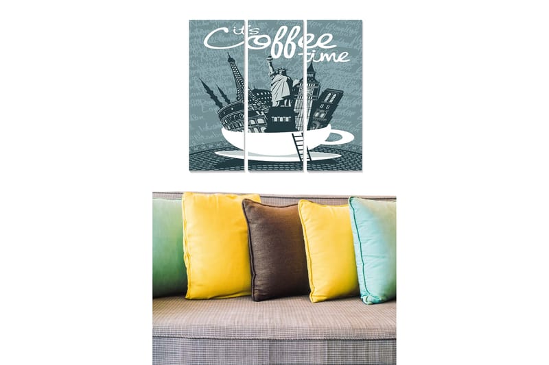 Canvastavla i trä 3-delar 50x70 cm - Kopp med stadssilhuetter och texten It's coffee time, Blå / Vit / Grå