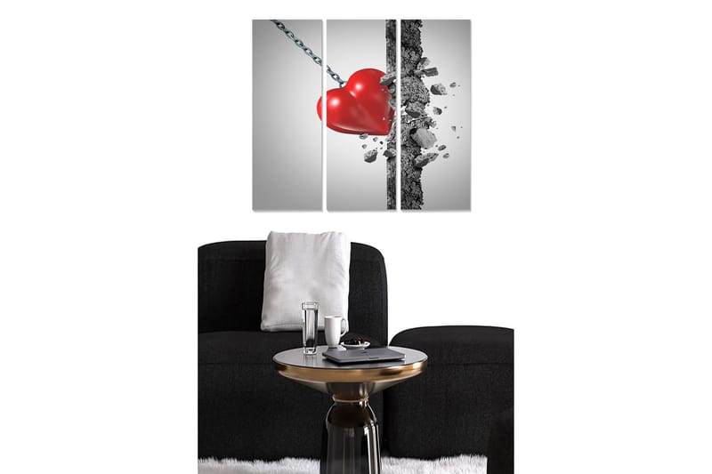Canvastavla i trä 3-delar 50x70 cm - Krossat hjärta som hänger i en kedja, Röd / Grå / Svart