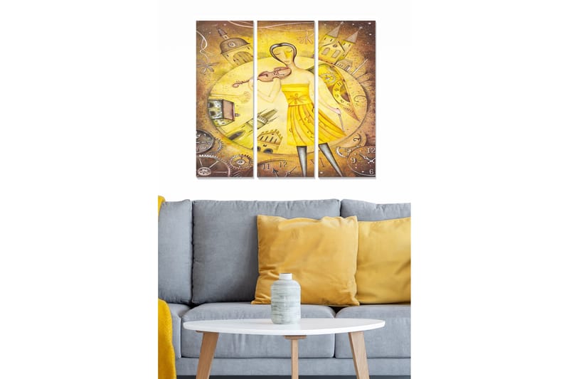 Canvastavla i trä 3-delar 50x70 cm - Kvinna i gul klänning som spelar fiol mot en bakgrund av klockor och byggnader, Gul / Brun / Grå