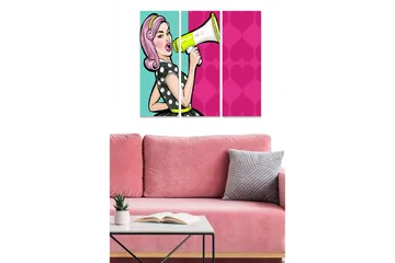 Canvastavla i trä 3-delar 50x70 cm - Kvinna med megafon i retrostil - Rosa / Turkos / Svart - Inredning - Tavlor & posters - Canvastavla