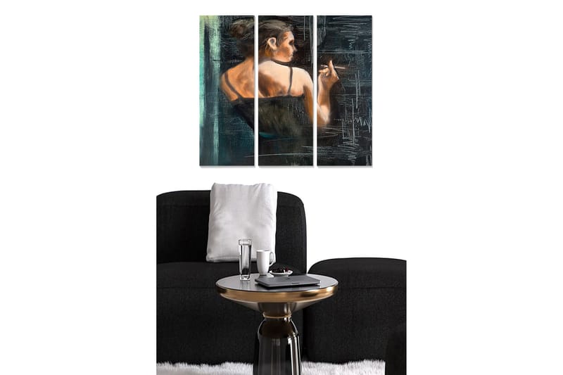 Canvastavla i trä 3-delar 50x70 cm - Kvinnlig silhuett som vänder ryggen mot betraktaren och håller en cigarett, Mörkblå / Hudfärg / Svart