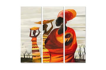 Canvastavla i trä 3-delar 50x70 cm - Kvinnor som bär frukter på huvudet i en färgglad och kulturell komposition - Orange / Gul / Röd - Inredning - Tavlor & posters - Canvastavla