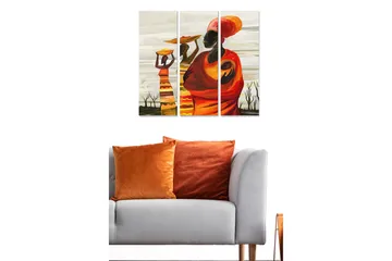 Canvastavla i trä 3-delar 50x70 cm - Kvinnor som bär frukter på huvudet i en färgglad och kulturell komposition - Orange / Gul / Röd - Inredning - Tavlor & posters - Canvastavla