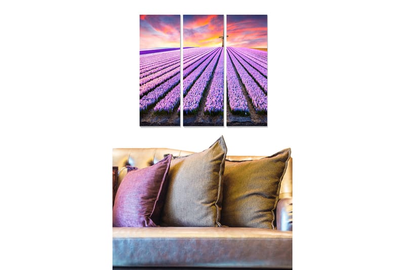 Canvastavla i trä 3-delar 50x70 cm - Lavendelfält under en färgsprakande himmel, Lila / Grön / Orange