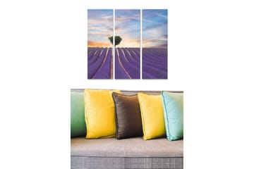 Canvastavla i trä 3-delar 50x70 cm - Lavendelfält under en solnedgång med en ensam trädkontur - Lila / Grön / Orange - Inredning - Tavlor & posters - Canvastavla