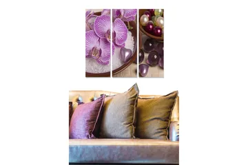 Canvastavla i trä 3-delar 50x70 cm - Lila orkidéer i en skål med dekorationer - Lila / Vit / Grön - Inredning - Tavlor & posters - Canvastavla