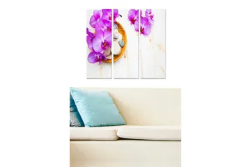 Canvastavla i trä 3-delar 50x70 cm - Lila orkidéer i en skål med stenar - Lila / Beige / Vit - Inredning - Tavlor & posters - Canvastavla