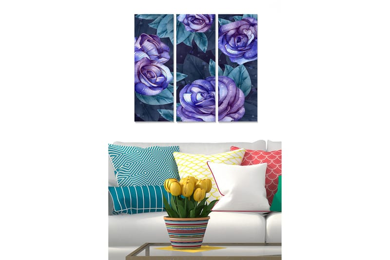Canvastavla i trä 3-delar 50x70 cm - Lila rosor med gröna blad, Lila / Grön / Mörkblå