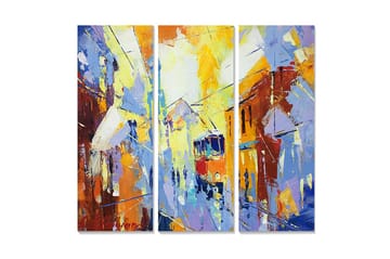 Canvastavla i trä 3-delar 50x70 cm - Livlig stadsbild med en spårvagn i rörelse - Blå / Orange / Gul - Inredning - Tavlor & posters - Canvastavla