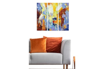 Canvastavla i trä 3-delar 50x70 cm - Livlig stadsbild med en spårvagn i rörelse - Blå / Orange / Gul - Inredning - Tavlor & posters - Canvastavla