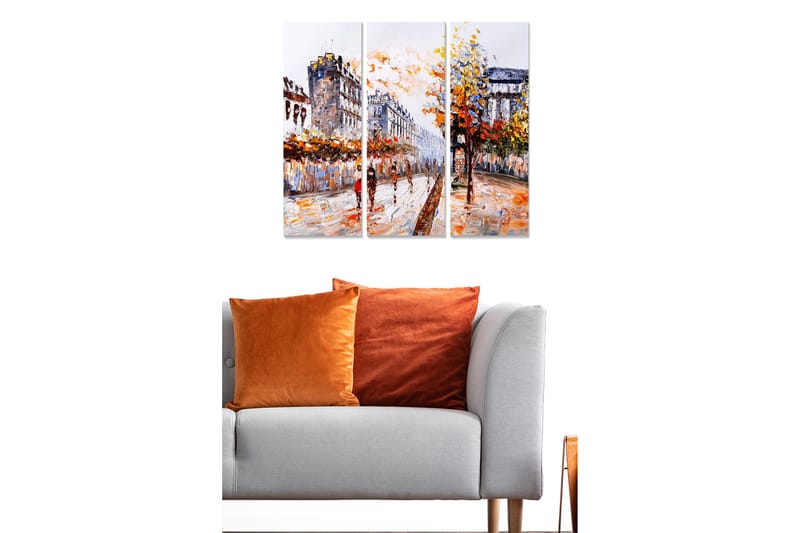 Canvastavla i trä 3-delar 50x70 cm - Livlig stadsbild med höstträd och människor på en gata - Orange / Gult / Blått - Inredning - Tavlor & posters - Canvastavla