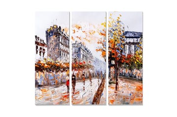 Canvastavla i trä 3-delar 50x70 cm - Livlig stadsbild med höstträd och människor på en gata - Orange / Gult / Blått - Inredning - Tavlor & posters - Canvastavla