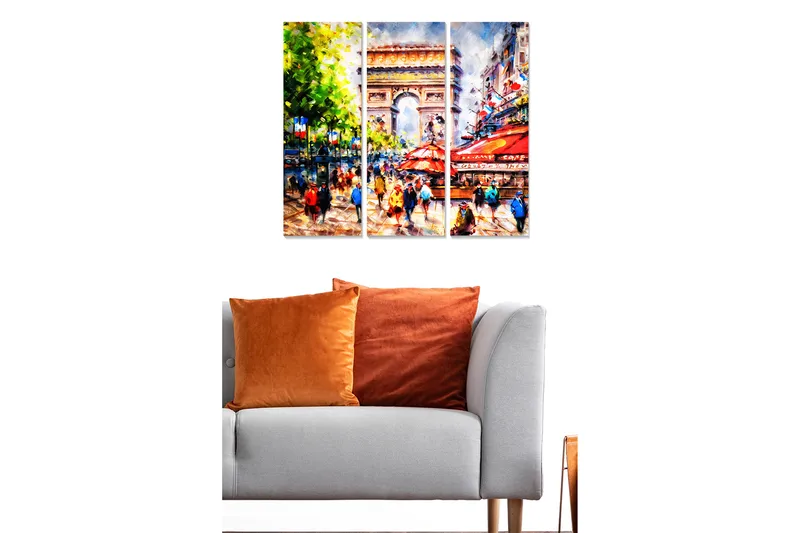 Canvastavla i trä 3-delar 50x70 cm - Livlig stadsbild med människor och caféer vid en känd monument - Grön / Röd / Blå - Inredning - Tavlor & posters - Canvastavla