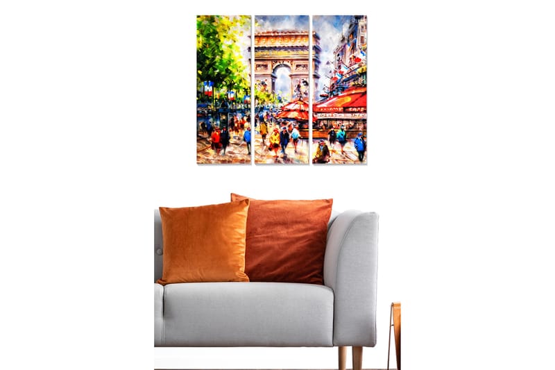 Canvastavla i trä 3-delar 50x70 cm - Livlig stadsbild med människor och caféer vid en känd monument - Grön / Röd / Blå - Inredning - Tavlor & posters - Canvastavla