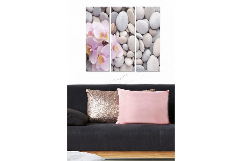 Canvastavla i trä 3-delar 50x70 cm - Ljusrosa orkidéer bland grå stenar, Ljusrosa / Grå / Vit