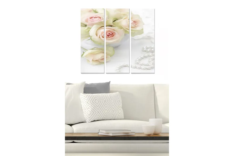 Canvastavla i trä 3-delar 50x70 cm - Ljuvlig bukett av rosa rosor i en vit skål - Rosa / Vit / Grön - Inredning - Tavlor & posters - Canvastavla