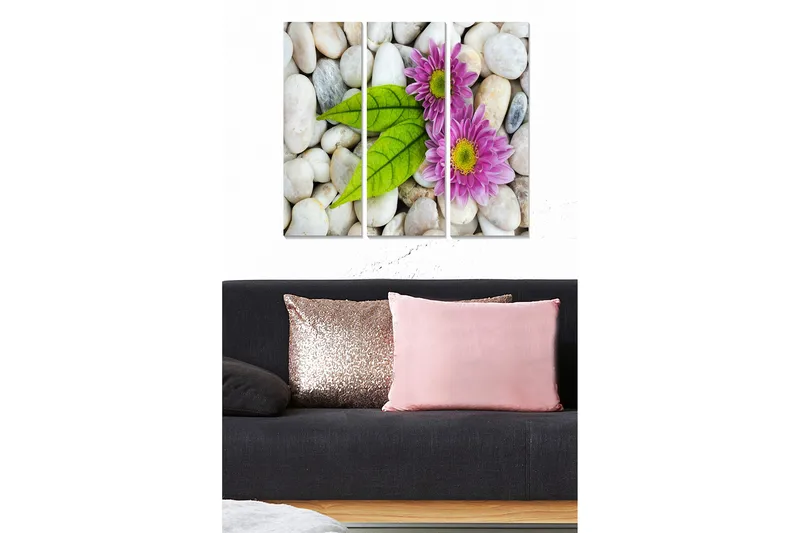 Canvastavla i trä 3-delar 50x70 cm - Ljuvlig komposition av blommor och stenar, Rosa / Grön / Vit