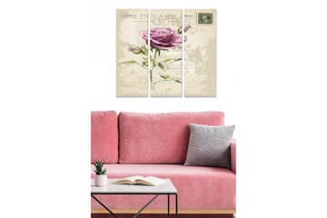 Canvastavla i trä 3-delar 50x70 cm - Ljuvlig ros med vintage-postkortstema - Lila / Grön / Beige - Inredning - Tavlor & posters - Canvastavla