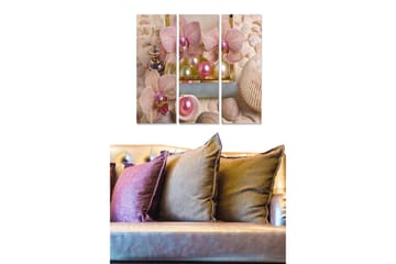Canvastavla i trä 3-delar 50x70 cm - Ljuvliga orkidéer i en elegant komposition med pärlor och snäckor - Ljusrosa / Beige / Grön - Inredning - Tavlor & posters - Canvastavla