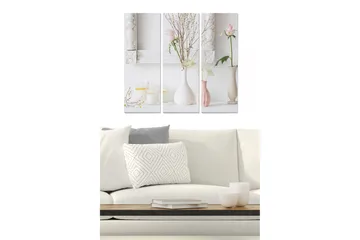 Canvastavla i trä 3-delar 50x70 cm - Lugn stillhet med blommor och ljus i vaser - Rosa / Vit / Beige - Inredning - Tavlor & posters - Canvastavla