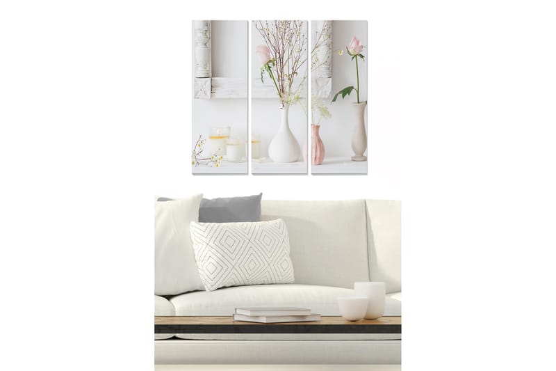 Canvastavla i trä 3-delar 50x70 cm - Lugn stillhet med blommor och ljus i vaser, Rosa / Vit / Beige