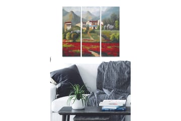 Canvastavla i trä 3-delar 50x70 cm - Lummig landskapsvy med blommor och hus i fjärran - Röd / Grön / Beige - Inredning - Tavlor & posters - Canvastavla