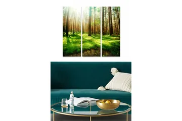 Canvastavla i trä 3-delar 50x70 cm - Lummig skog med höga träd och solstrålar som filtreras genom grenarna - Grön / Brun / Gul - Inredning - Tavlor & posters - Canvastavla