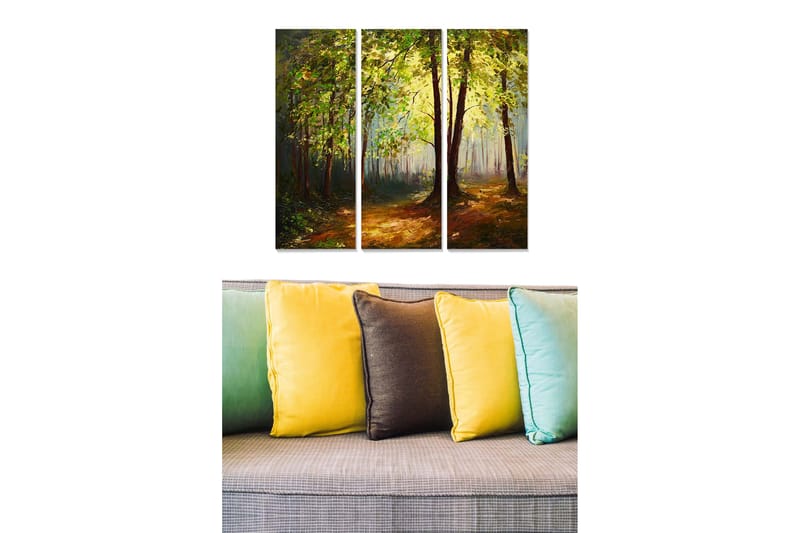 Canvastavla i trä 3-delar 50x70 cm - Lummig skog med solstrålar som sipprar genom träden, Grön / Brun / Gul
