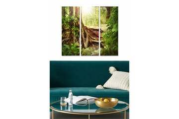 Canvastavla i trä 3-delar 50x70 cm - Lummig skog med solstrålar som strålar genom träden - Grön / Brun / Guld - Inredning - Tavlor & posters - Canvastavla