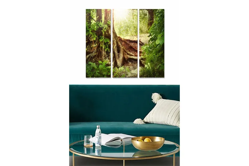Canvastavla i trä 3-delar 50x70 cm - Lummig skog med solstrålar som strålar genom träden, Grön / Brun / Guld