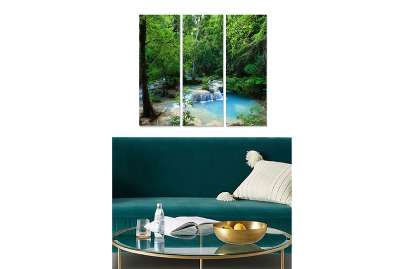 Canvastavla i trä 3-delar 50x70 cm - Lummig skog med porlande vattenfall, Grön / Blå