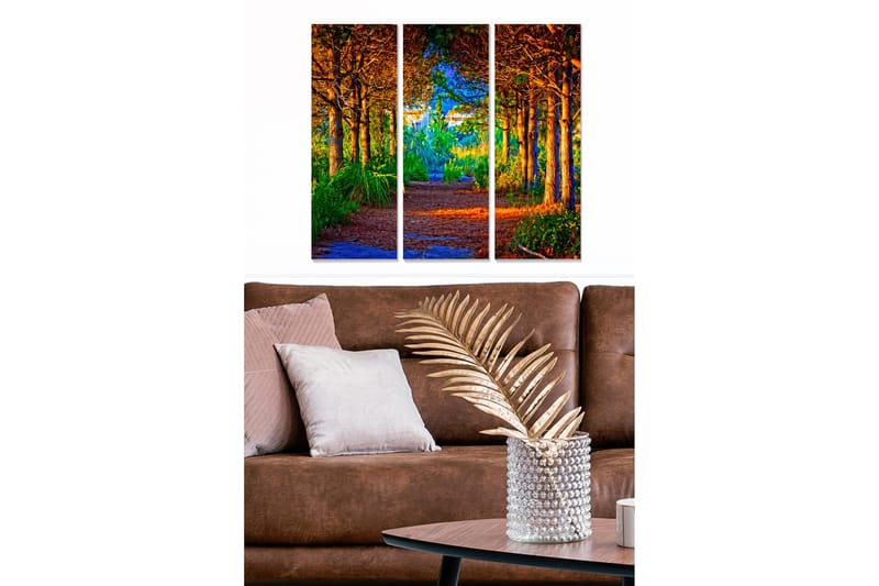 Canvastavla i trä 3-delar 50x70 cm - Lummig skogsgång med solbelysta träd och grönska, Grön / Orange / Blå