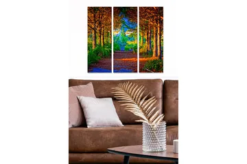 Canvastavla i trä 3-delar 50x70 cm - Lummig skogsgång med solbelysta träd och grönska - Grön / Orange / Blå - Inredning - Tavlor & posters - Canvastavla