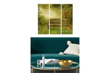 Canvastavla i trä 3-delar 50x70 cm - Lummig park med en bänk och fruktkorg omgiven av blommor och fjärilar - Grön / Röd / Gul - Inredning - Tavlor & posters - Canvastavla