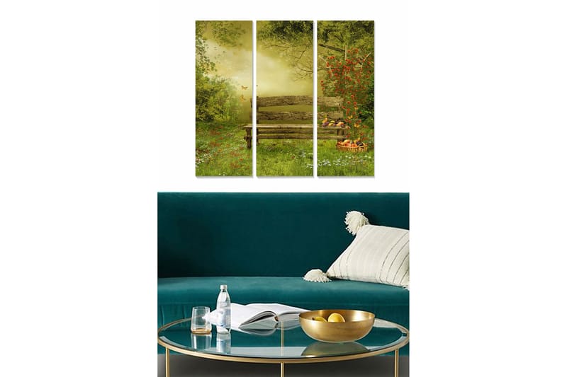 Canvastavla i trä 3-delar 50x70 cm - Lummig park med en bänk och fruktkorg omgiven av blommor och fjärilar, Grön / Röd / Gul