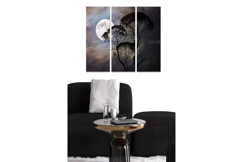 Canvastavla i trä 3-delar 50x70 cm - Måne som lyser över silhuetter av träd i en dramatisk himmel, Mörkblå / Svart / Grå